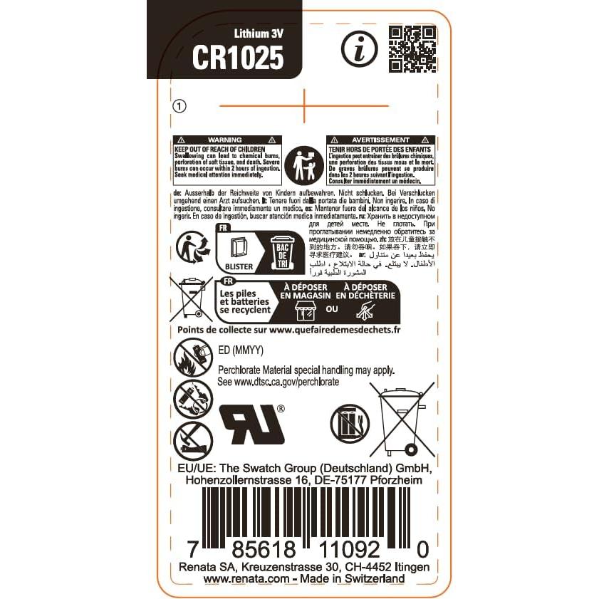 Batería de Litio Renata CR1025 3V Hecho en Suiza
