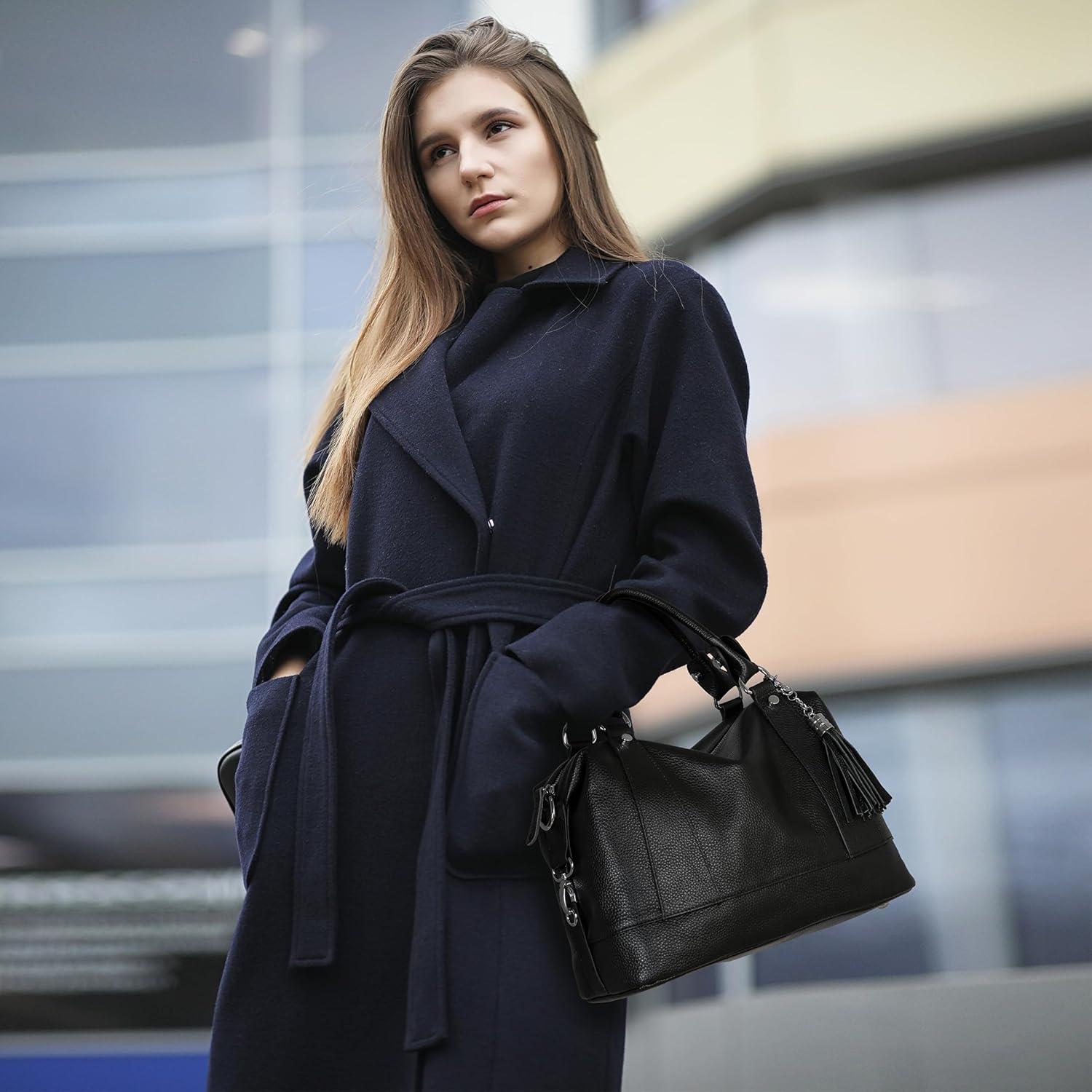 Bolso de Cuero HESHE para Mujer, Tote Negro, 31.7x20.8 cm