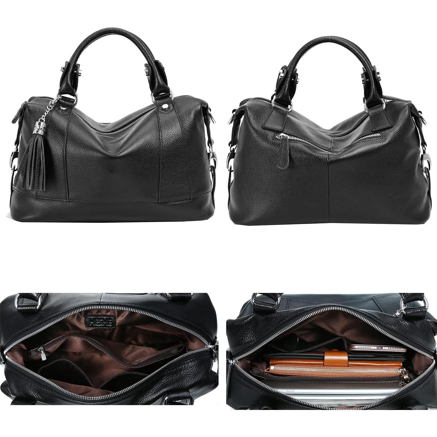 Bolso de Cuero HESHE para Mujer, Tote Negro, 31.7x20.8 cm