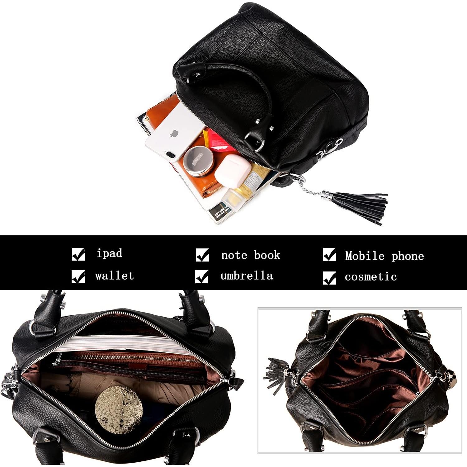 Bolso de Cuero HESHE para Mujer, Tote Negro, 31.7x20.8 cm