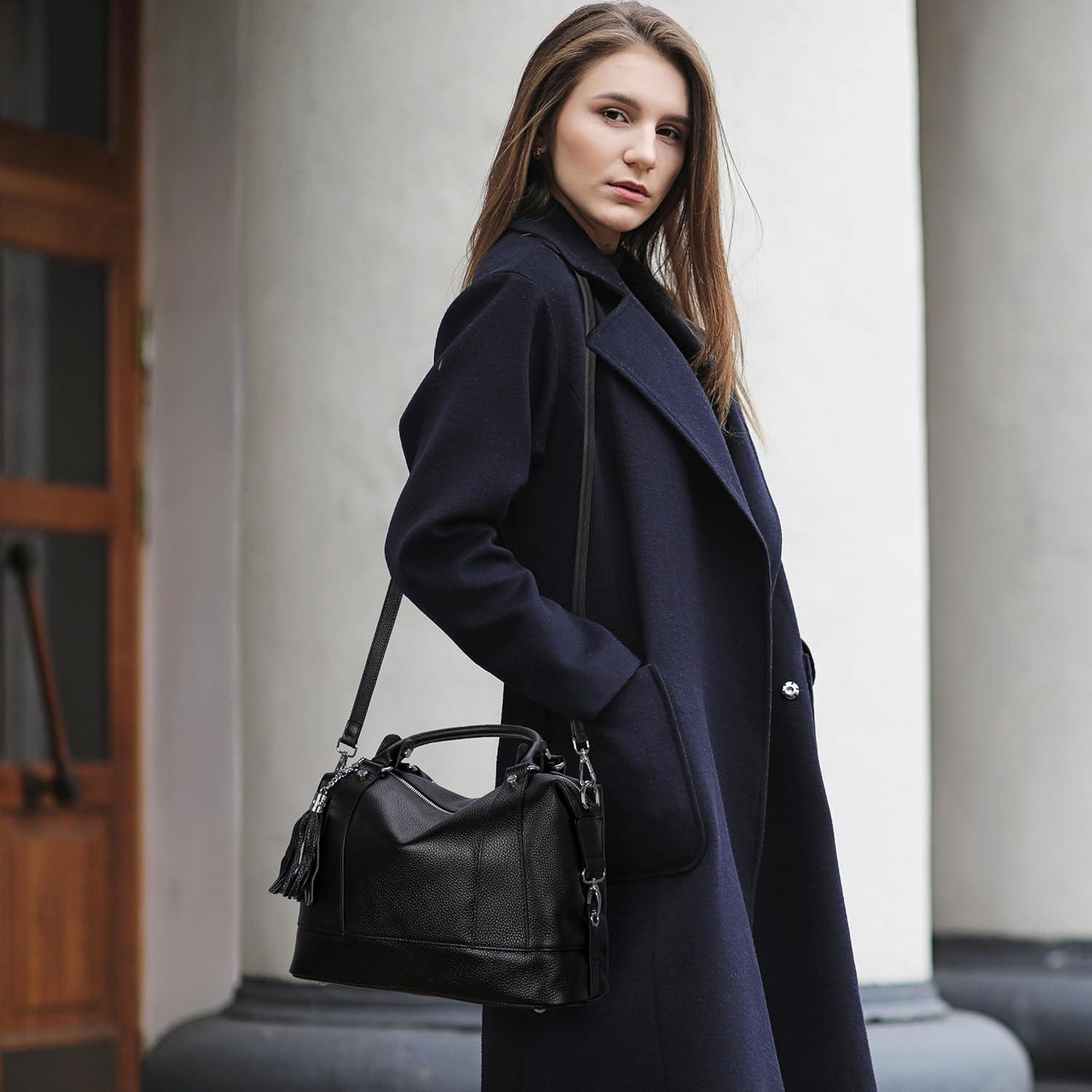 Bolso de Cuero HESHE para Mujer, Tote Negro, 31.7x20.8 cm