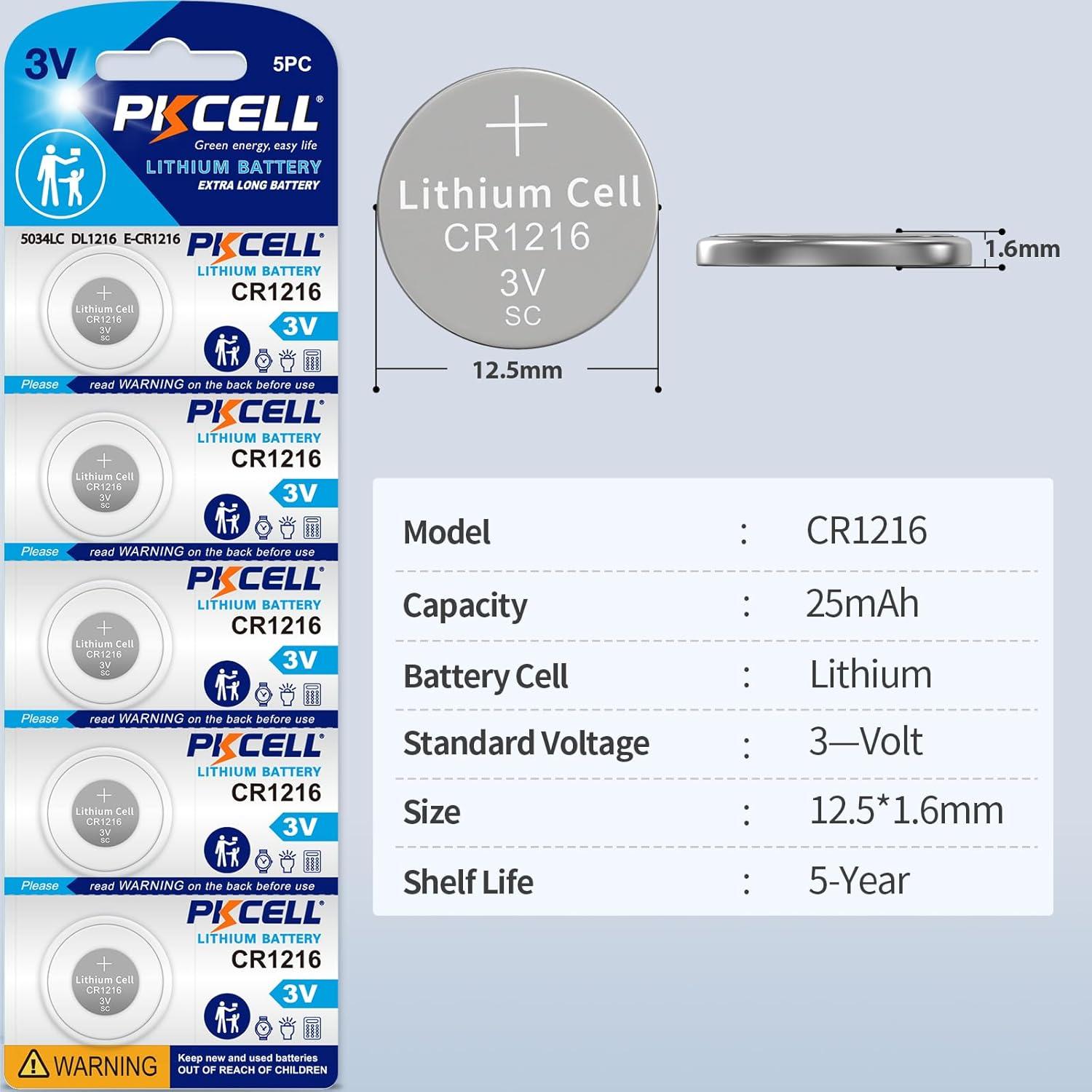 Paquete de 10 Baterías CR1216 PKCELL 3V de Litio