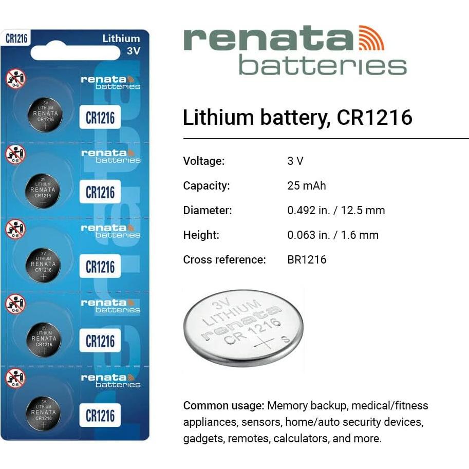 Baterías de Litio Renata CR1216 - 5 Unidades 3V 30mAh