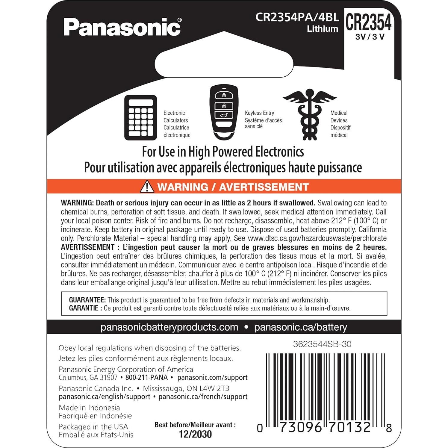 Baterías de botón de litio Panasonic CR2354 3V - Paquete de 4