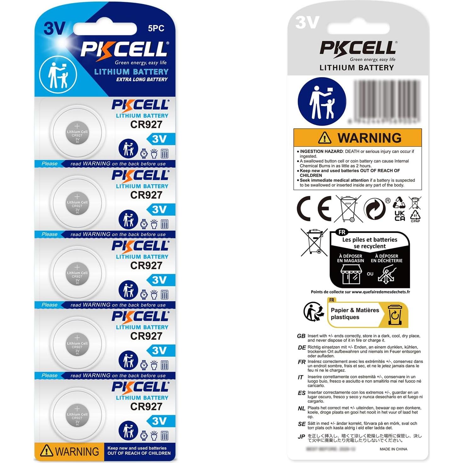 Baterías de Litio CR927 3V PKCELL - Paquete de 10 Unidades