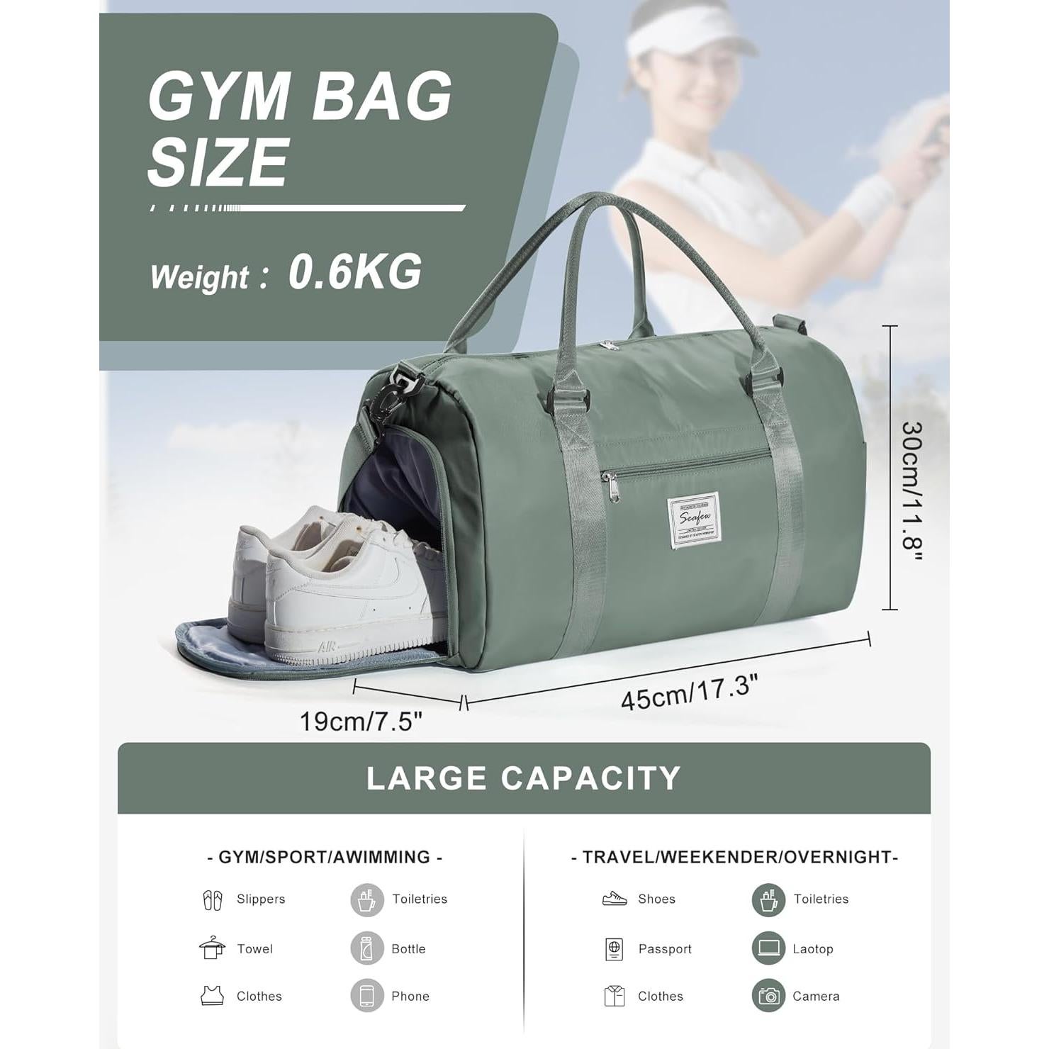 Bolsa de Gimnasio para Mujeres A21 Verde Oscuro 30x19x45cm
