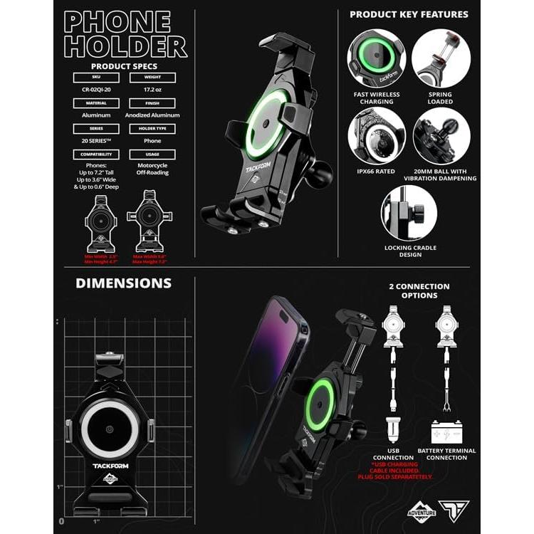 Soporte para teléfono de motocicleta Tackform MM00-ADV - Aluminio, carga inalámbrica, amortiguación de vibraciones