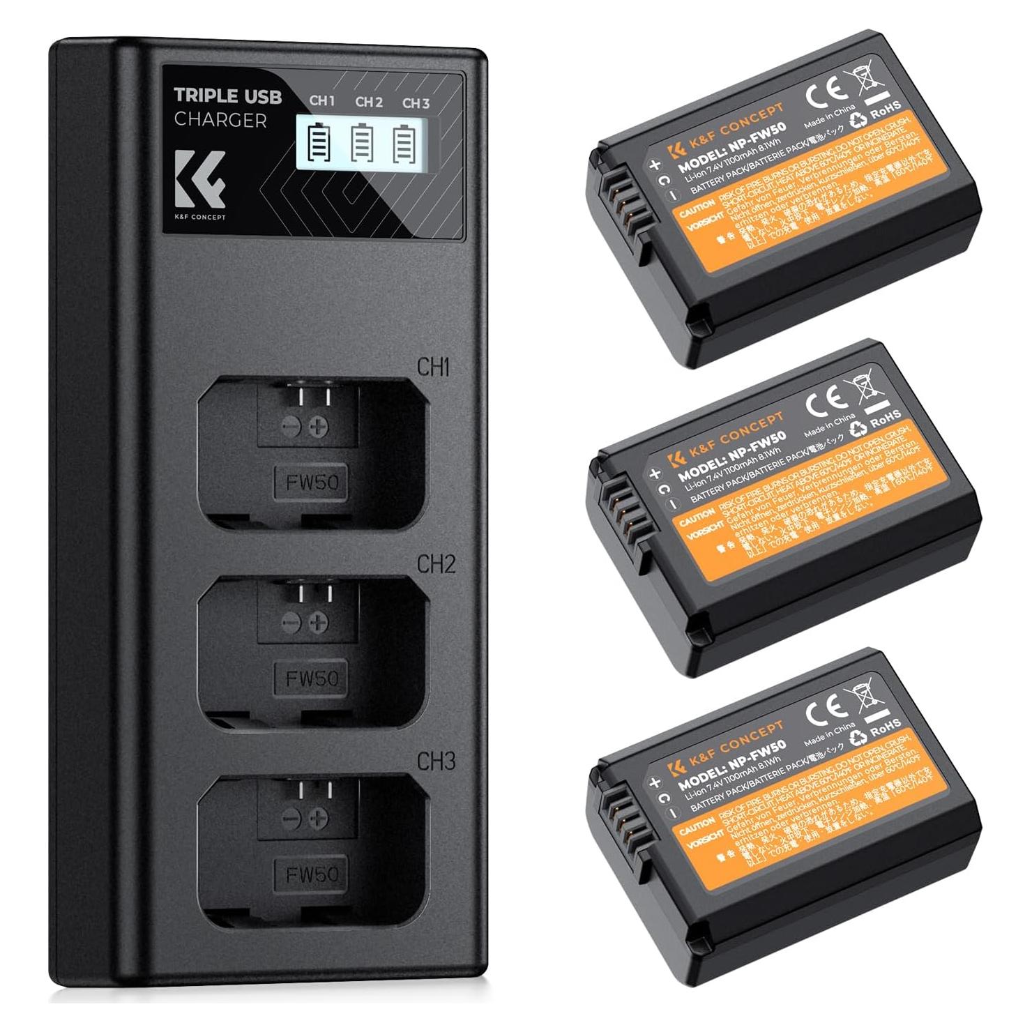 K&F Concept Set de 3 Baterías NP-FW50 y Cargador LCD para Sony