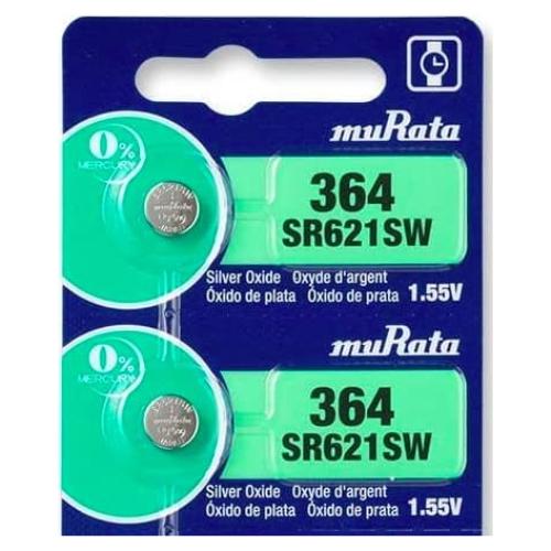 Murata 364 SR621SW Battery 1.55V Silver Oxide Watch Button Cell - Replaces Sony 364 (2 Batteries)