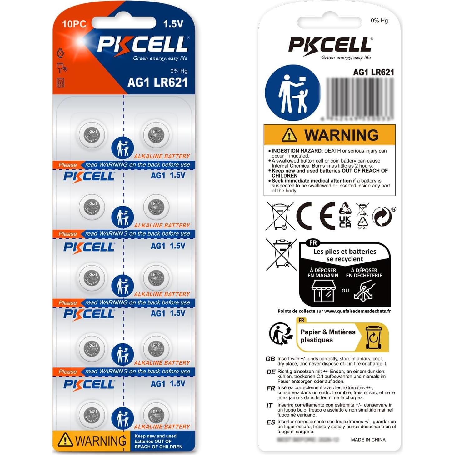 Paquete de 20 Baterías de Reloj PKCELL AG1 1.5V SR621SW