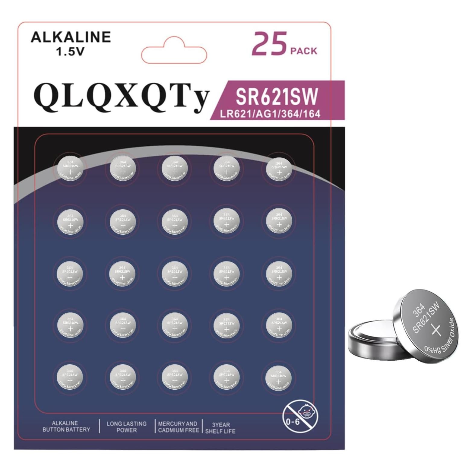 Batería de Reloj 364 SR621SW AG1 25 Unidades 1.55V Plata