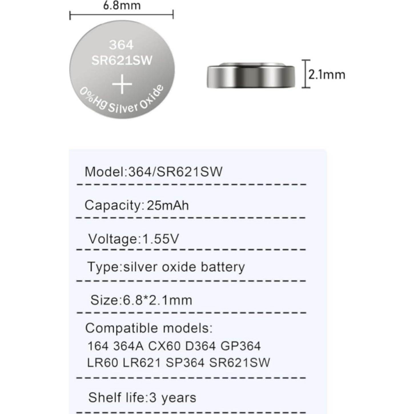 Batería de Reloj 364 SR621SW AG1 25 Unidades 1.55V Plata