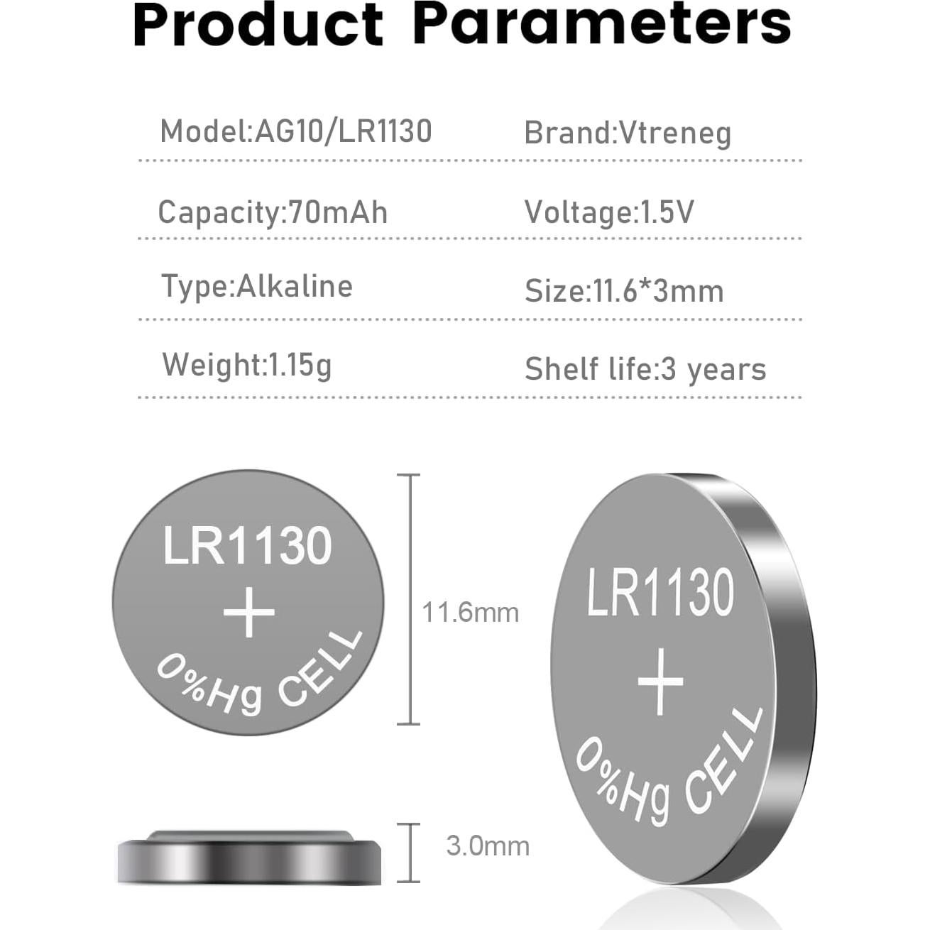 Paquete de 10 Baterías Alcalinas AG10 Vtreneg 1.5V para Dispositivos