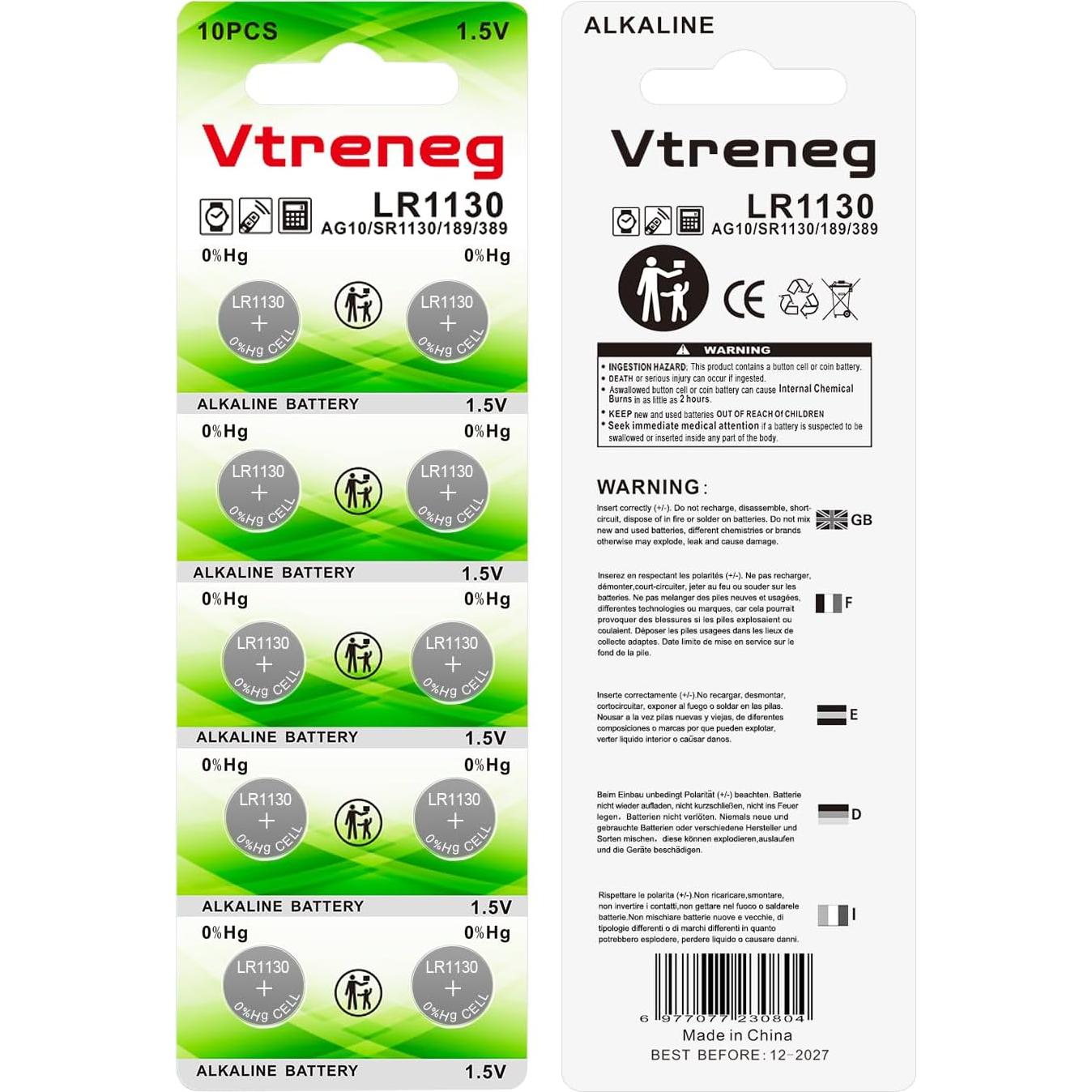 Paquete de 10 Baterías Alcalinas AG10 Vtreneg 1.5V para Dispositivos