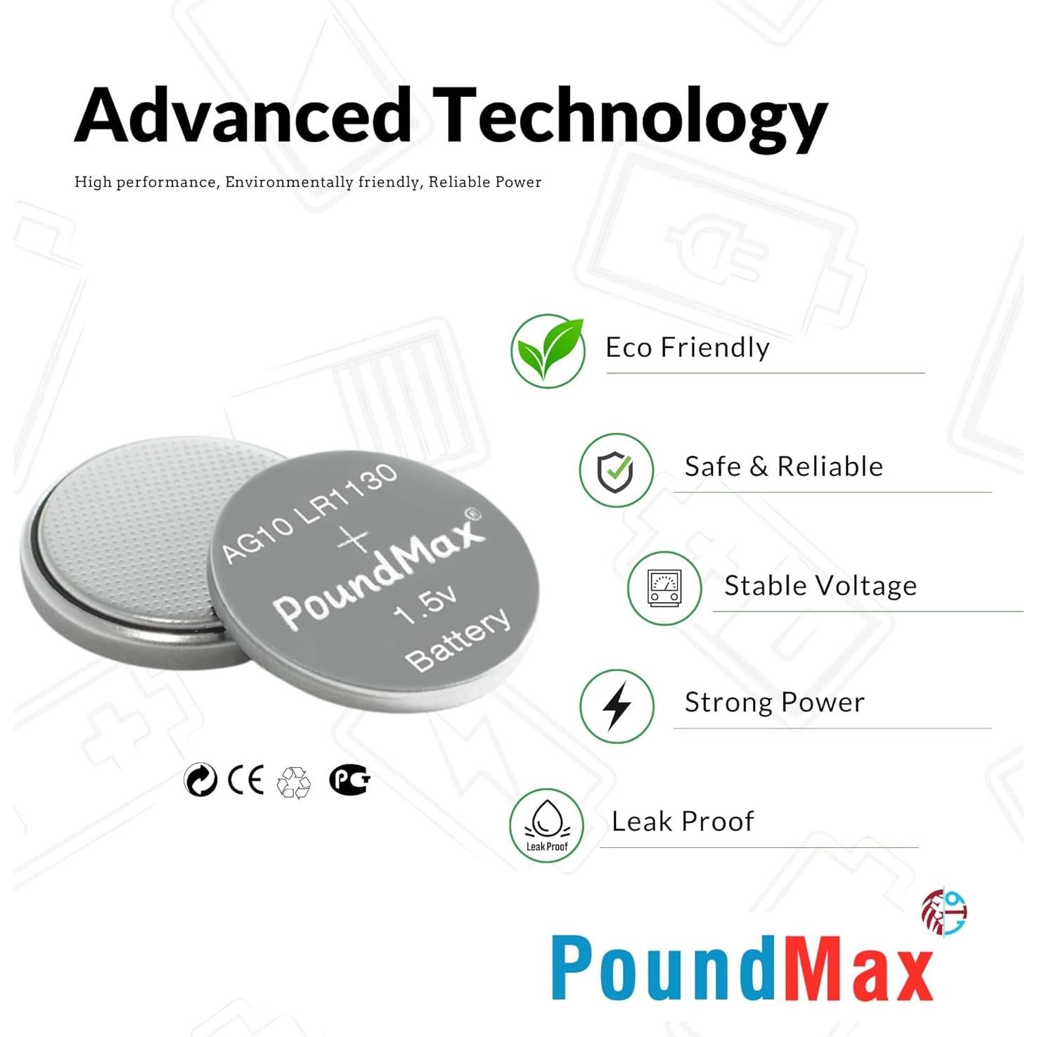 Pila de botón alcalina PoundMax AG10 LR1130 - 10 unidades