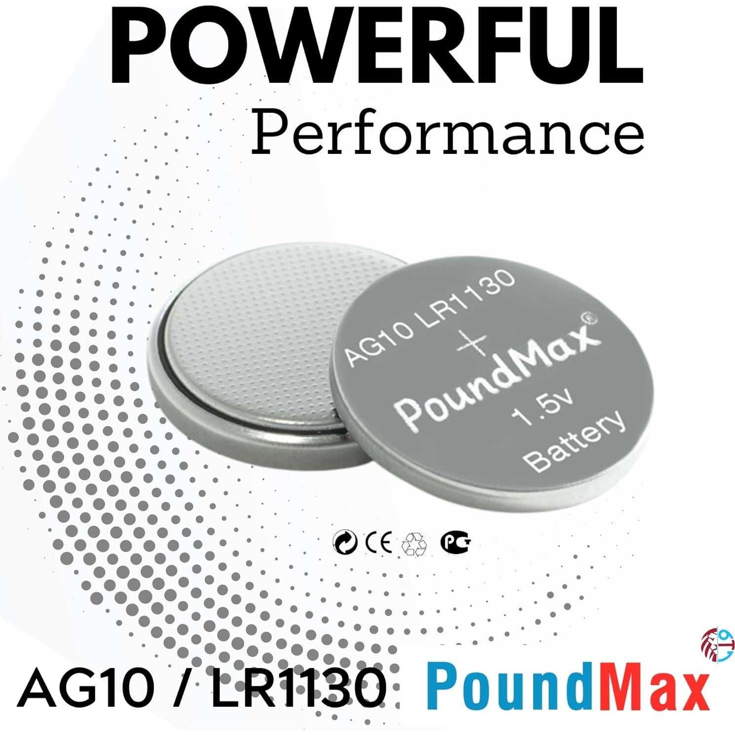 Pila de botón alcalina PoundMax AG10 LR1130 - 10 unidades