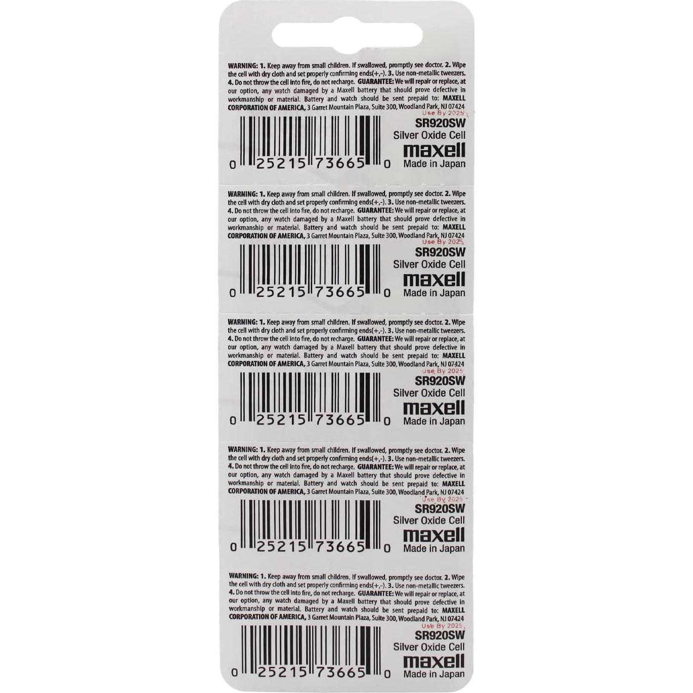 Baterías de Óxido de Plata Maxell SR920SW 371 - Paquete de 5