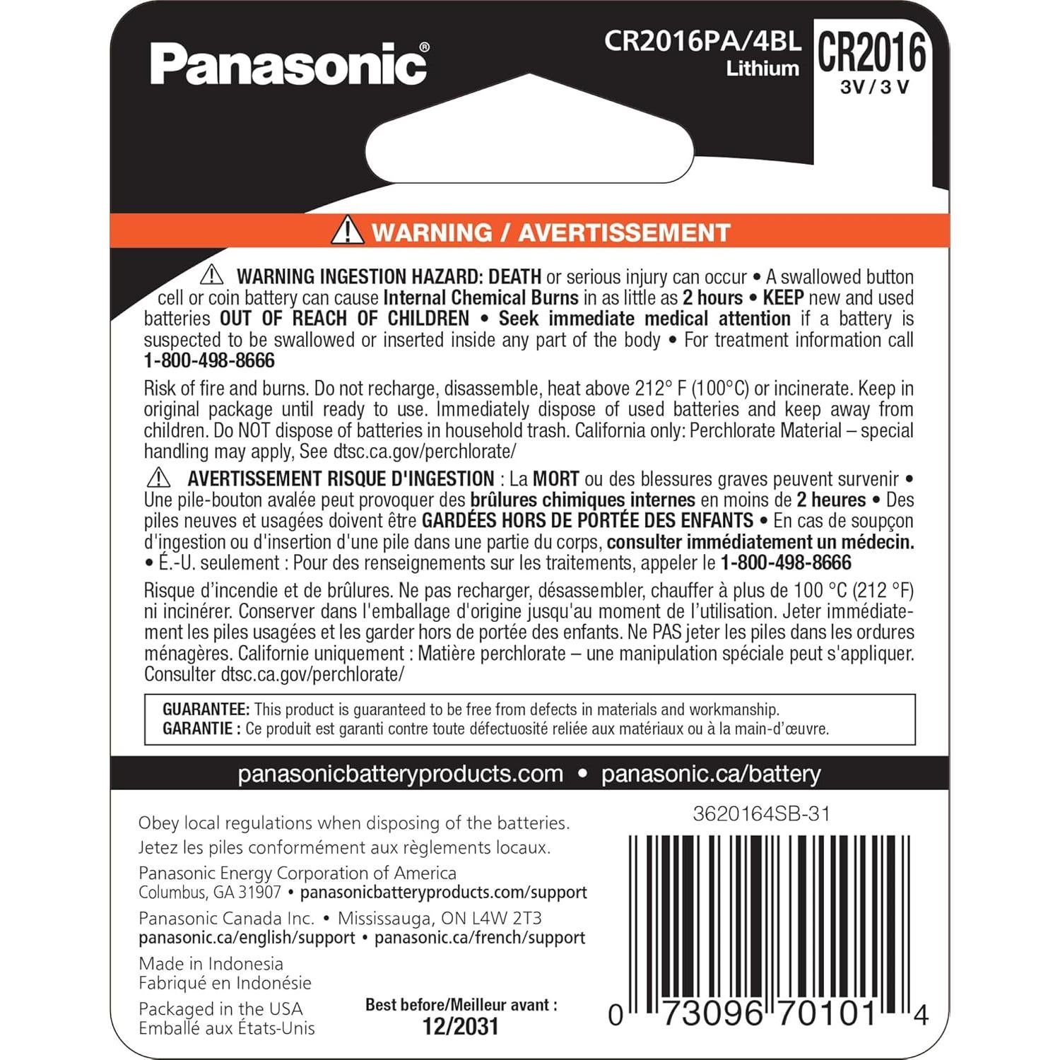 Baterías de botón Panasonic CR2016 3V - Paquete de 4 unidades