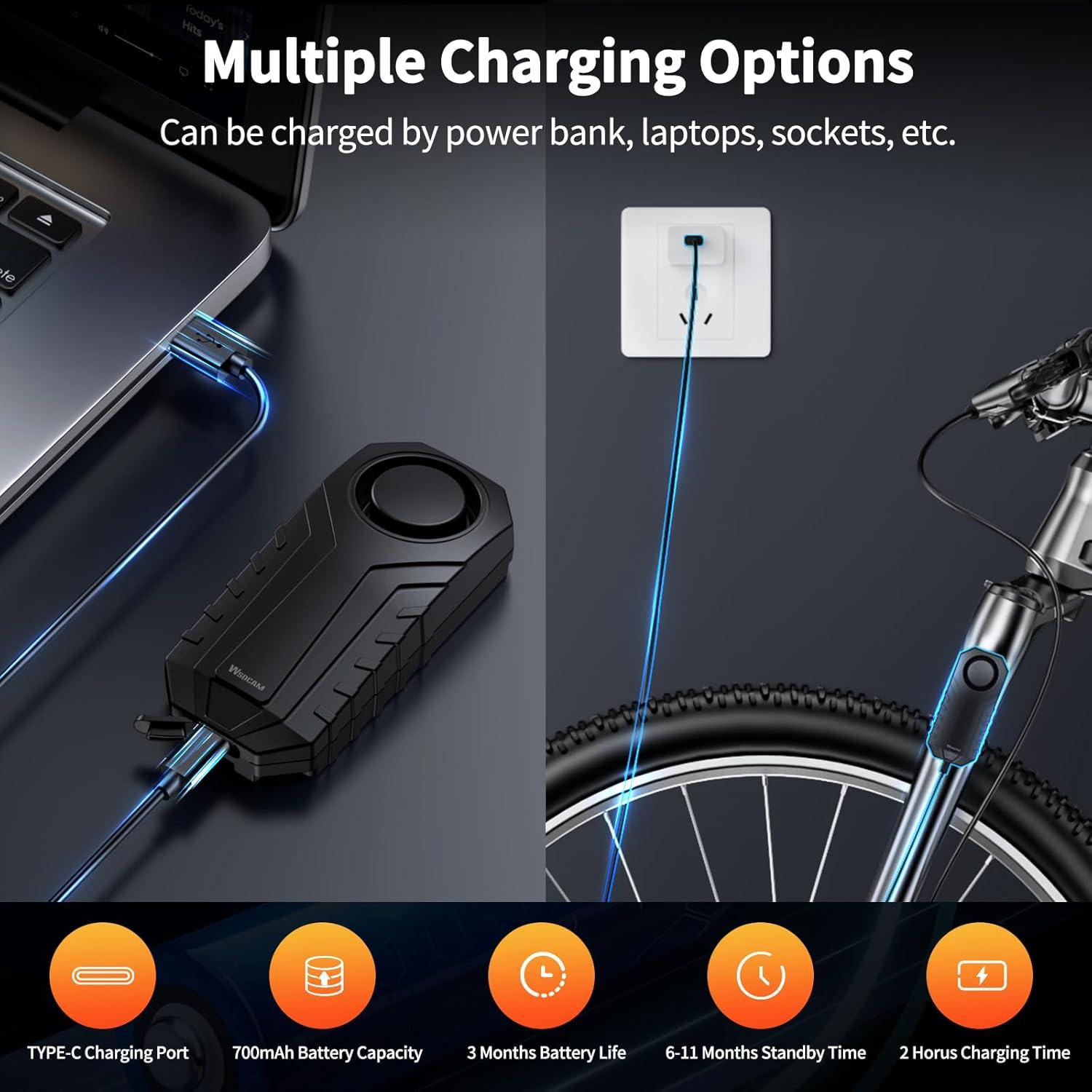 Alarma Inalámbrica para Bicicleta WSDCAM 113dB Recargable IP65