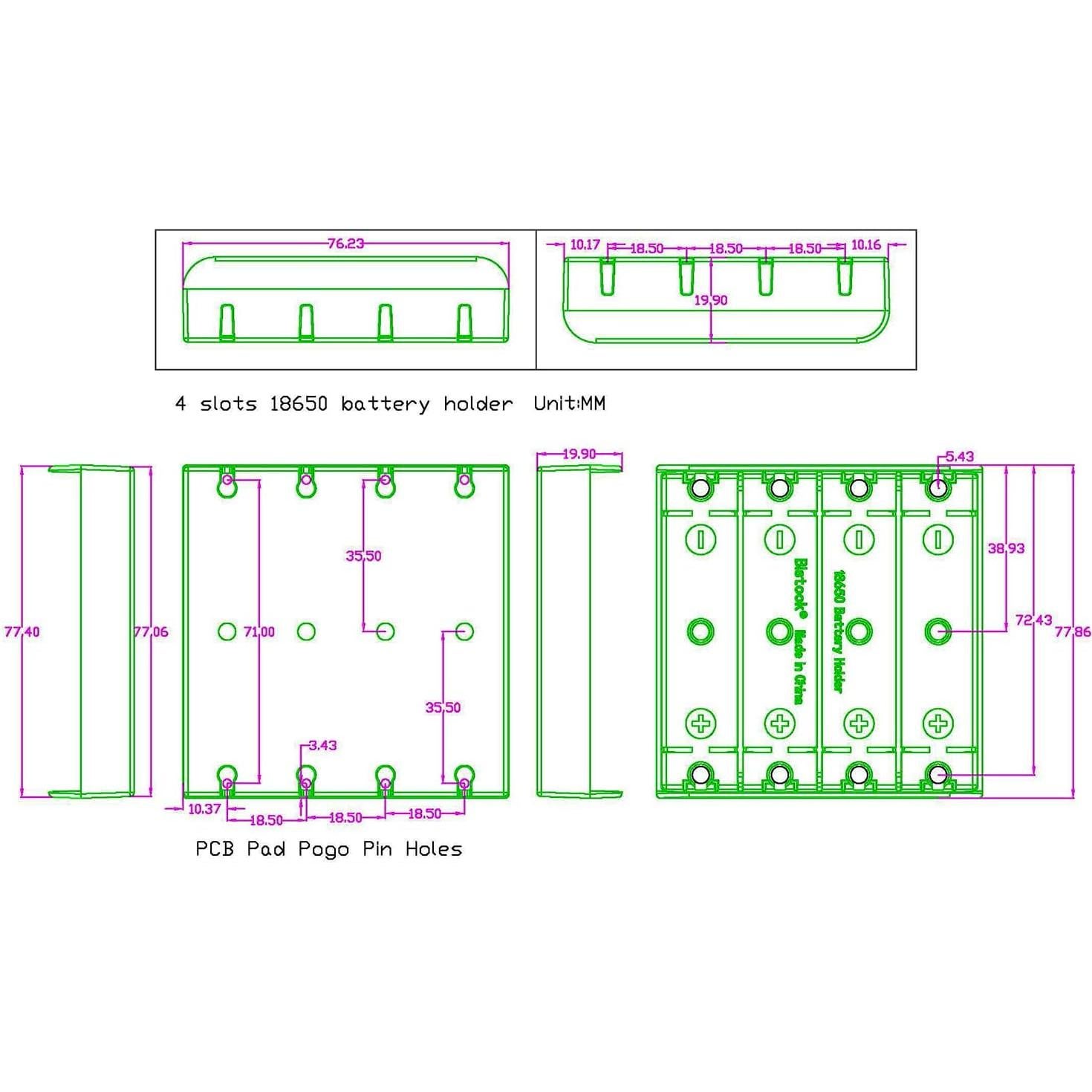Soporte de Batería 4-Pack Bistook 18650 para PCB 3.7V