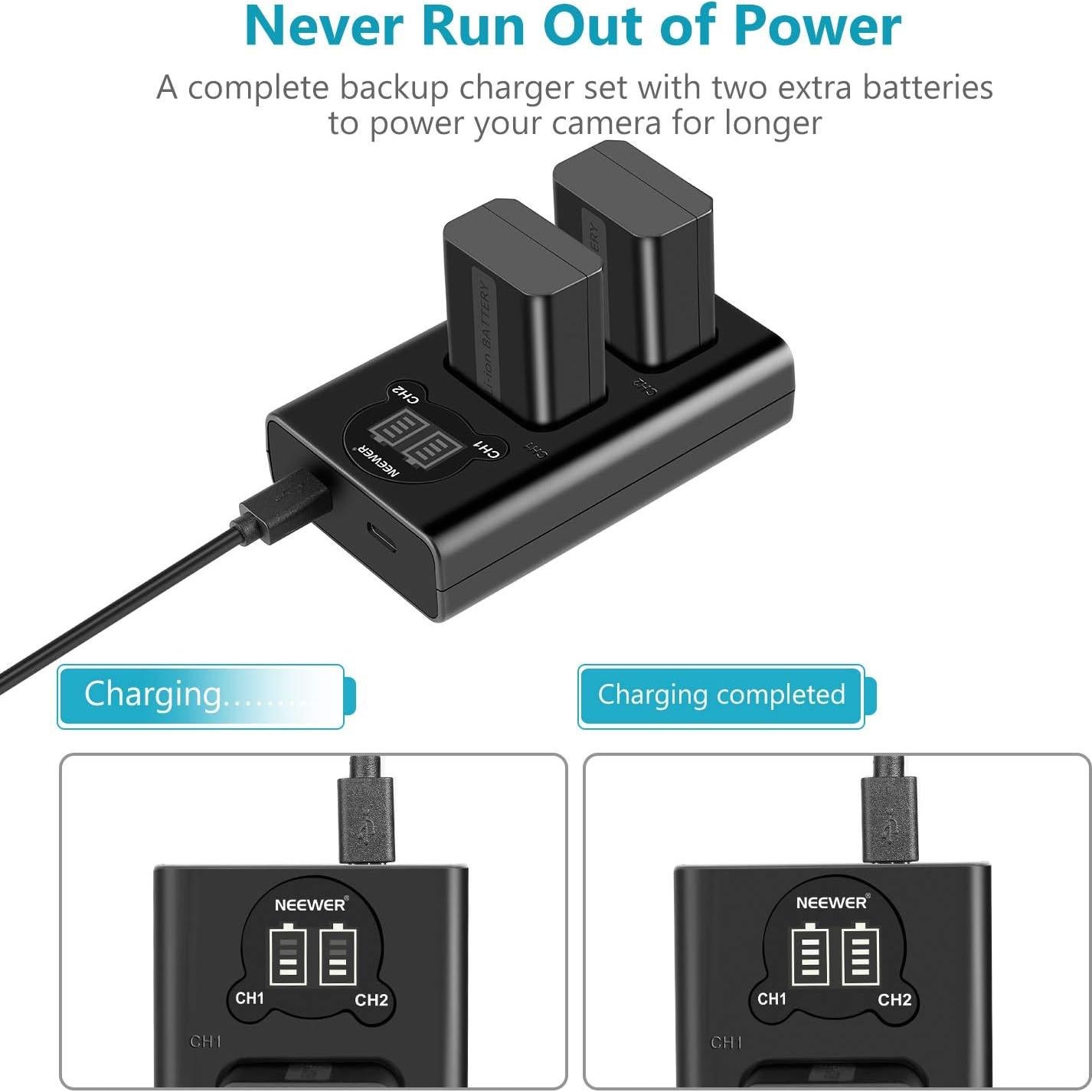 Cargador Doble NEEWER NP-FW50 + 2 Baterías 1100mAh para Sony