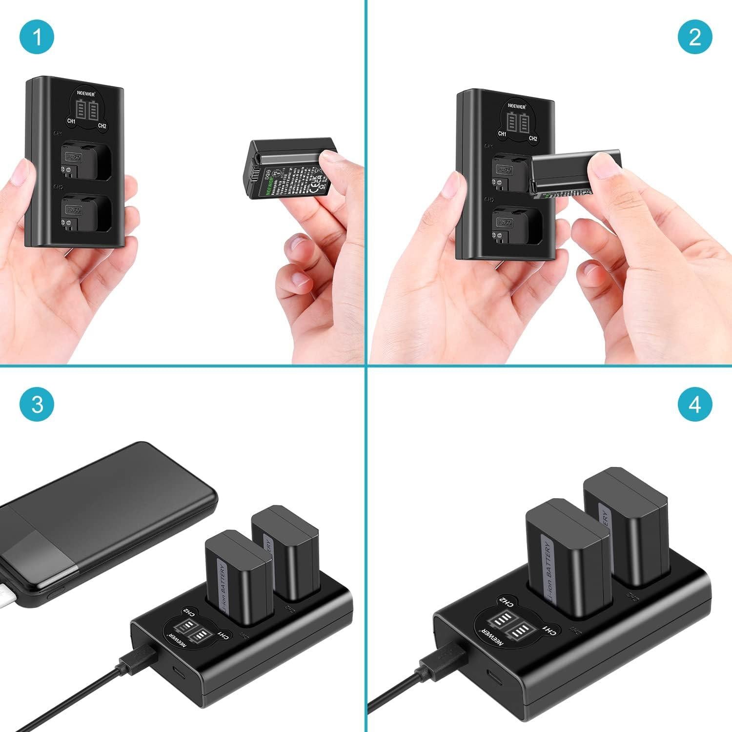 Cargador Doble NEEWER NP-FW50 + 2 Baterías 1100mAh para Sony