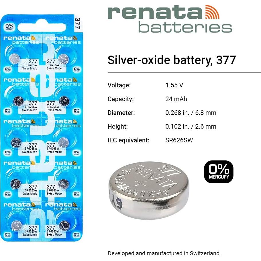 3 Pilas de Reloj Renata 377 SR626SW - 40g - Sin Mercurio
