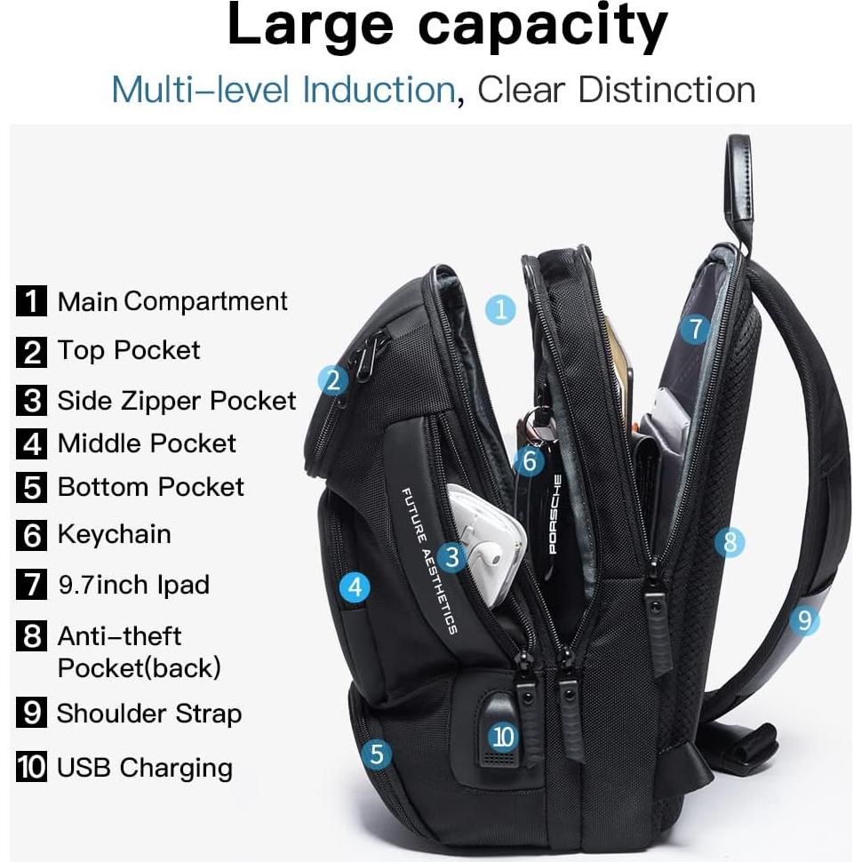 BANGE Bolsa Cruzada Negra Impermeable con Carga USB 15L