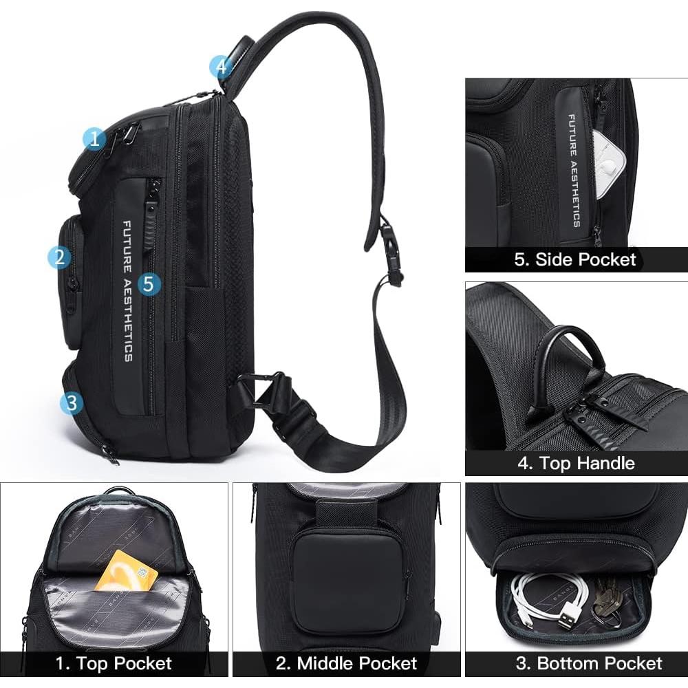BANGE Bolsa Cruzada Negra Impermeable con Carga USB 15L