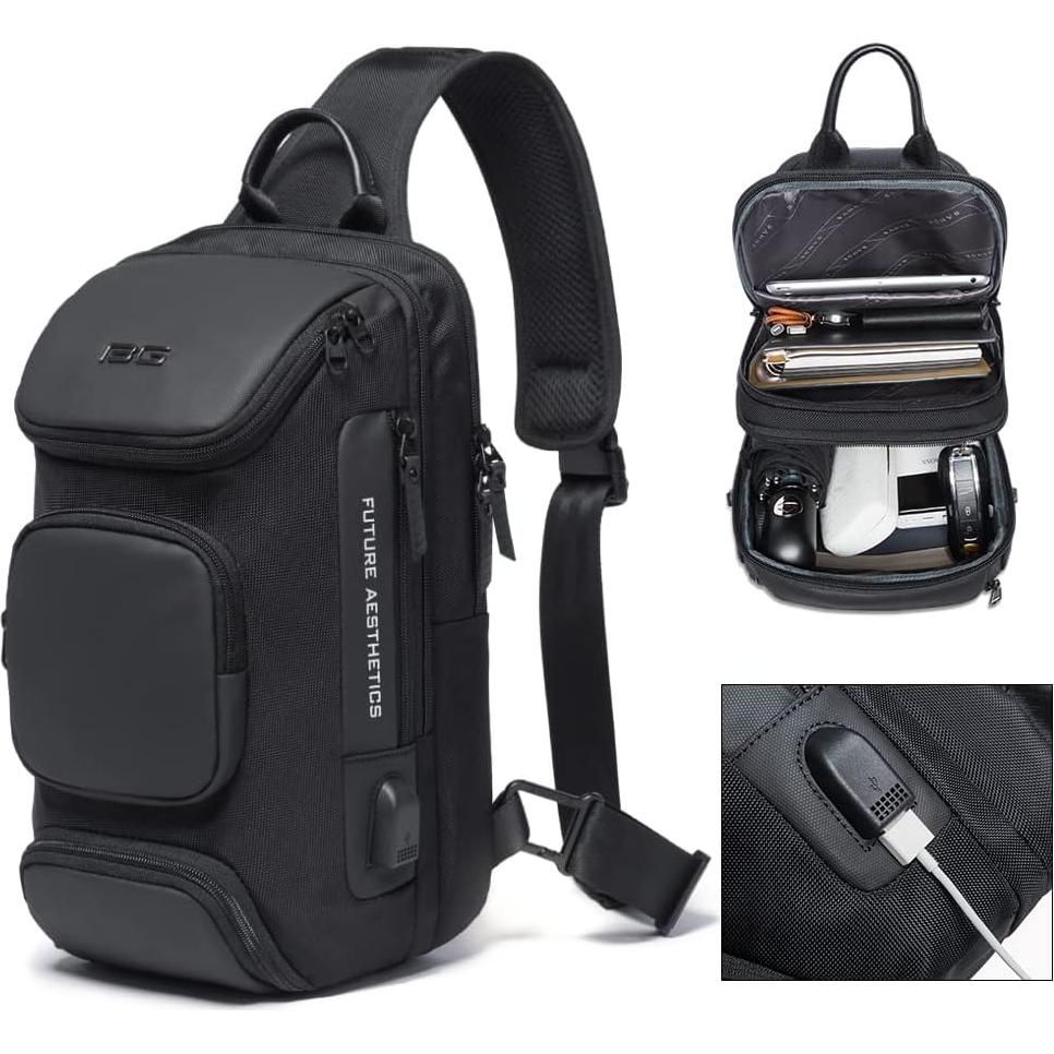 BANGE Bolsa Cruzada Negra Impermeable con Carga USB 15L