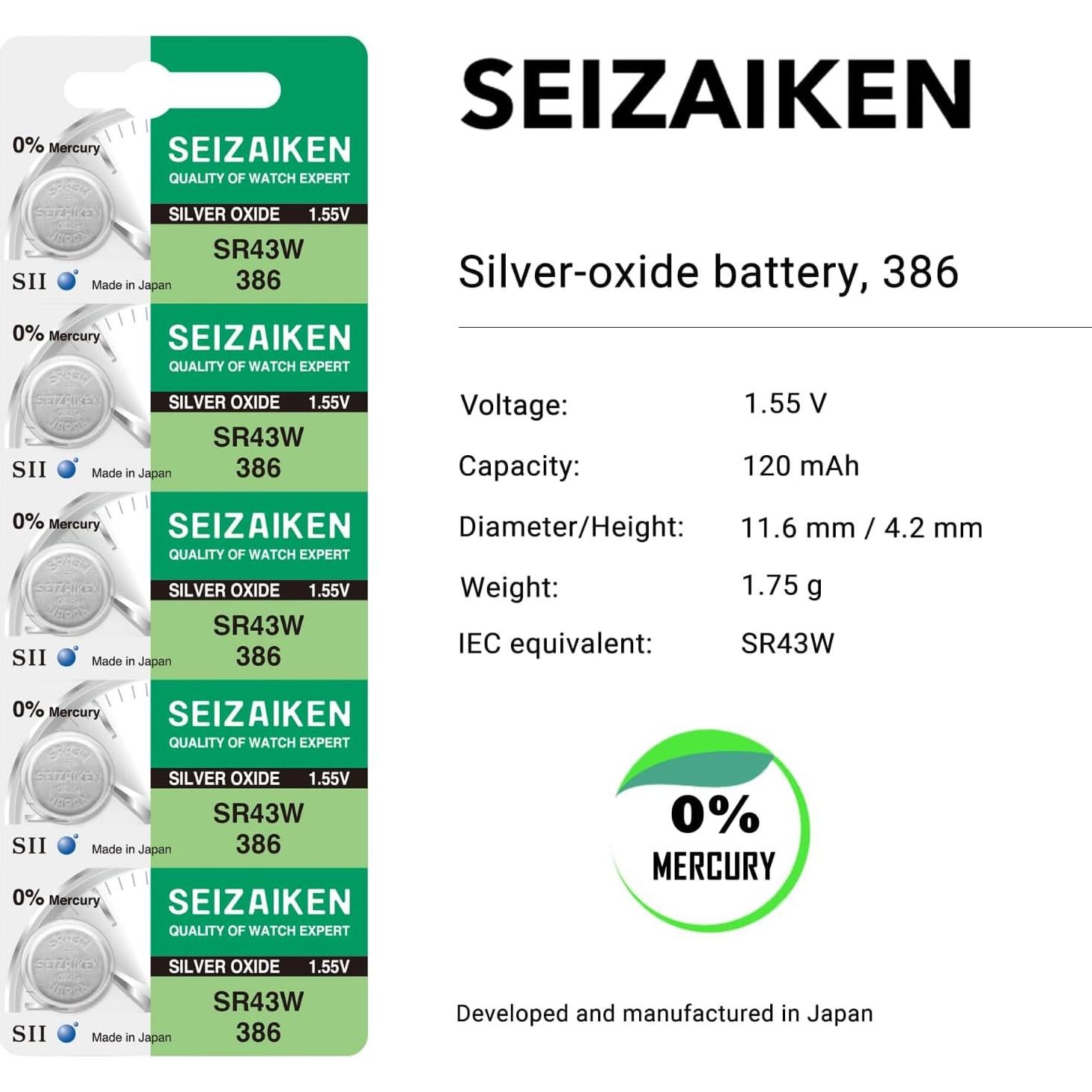 Batería de Reloj Seiko 386 SR43W Óxido de Plata 5 Unidades