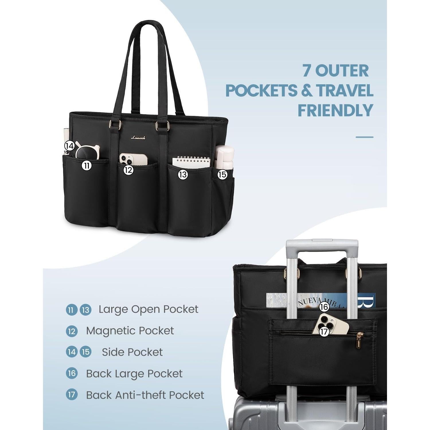 Bolsa Tote LOVEVOOK para Laptop 39.6 cm Negra con Bolsillos