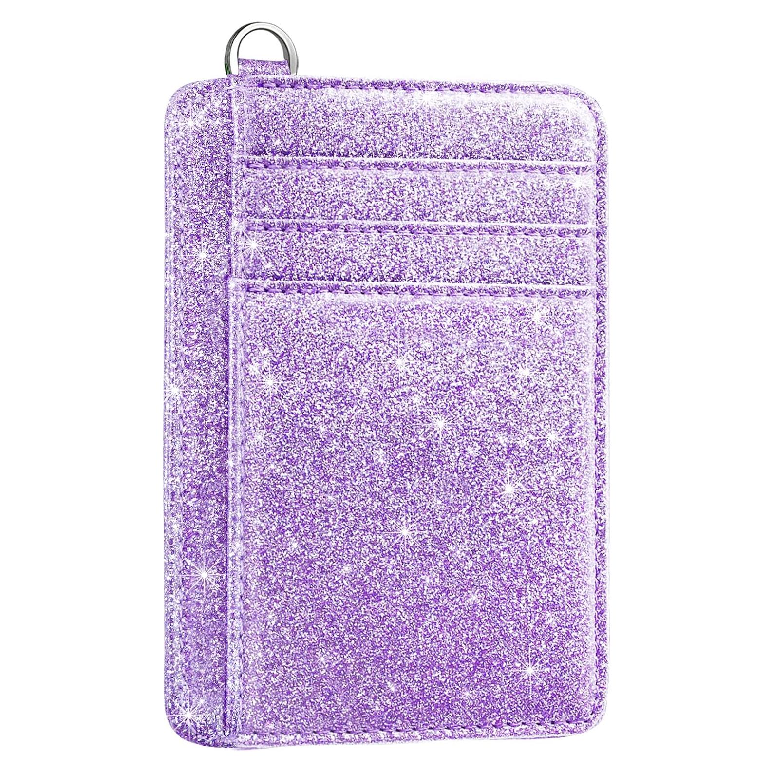 Billetera delgada RFID para mujeres con llavero morado