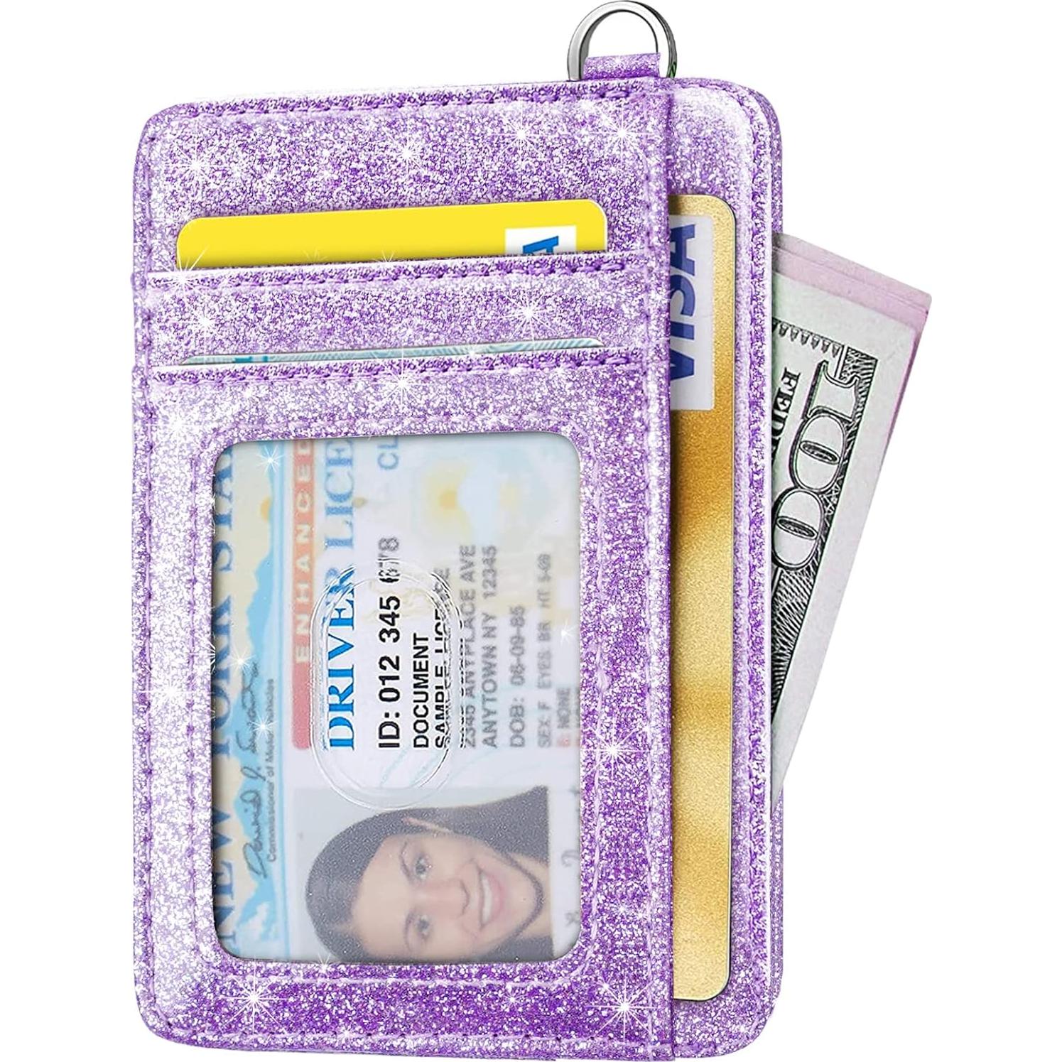Billetera delgada RFID para mujeres con llavero morado