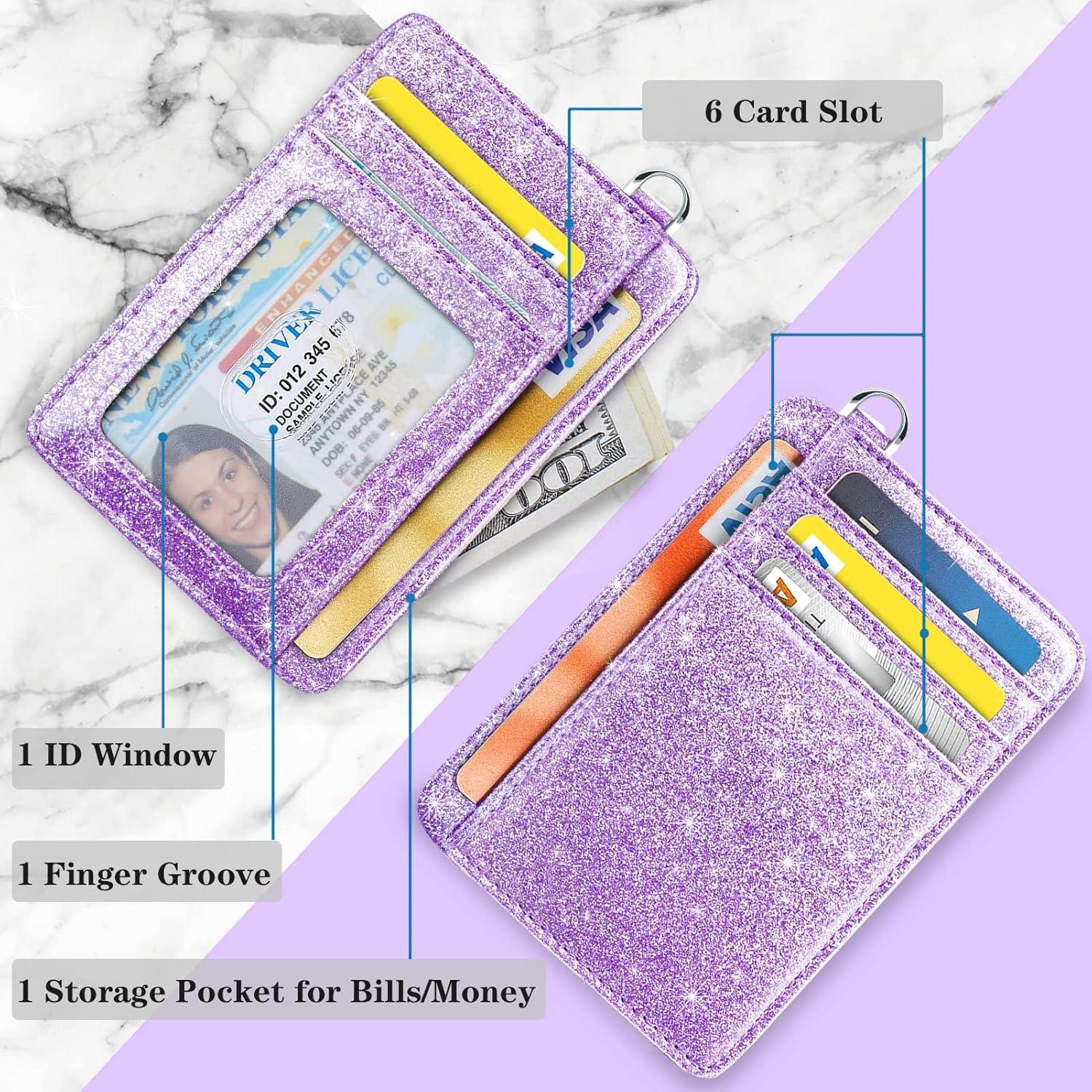 Billetera delgada RFID para mujeres con llavero morado