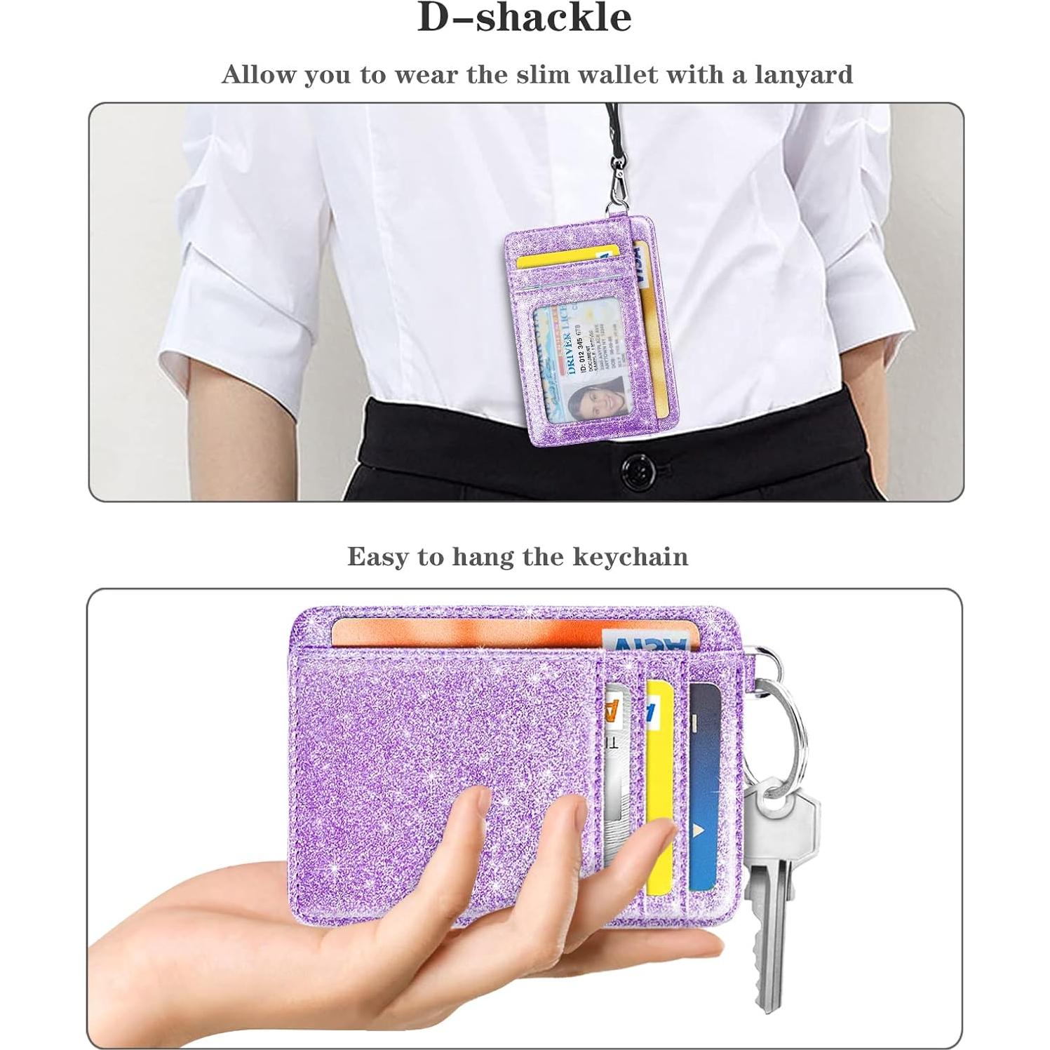 Billetera delgada RFID para mujeres con llavero morado