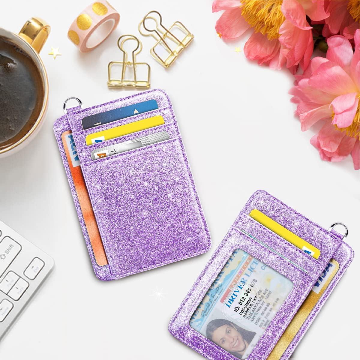Billetera delgada RFID para mujeres con llavero morado