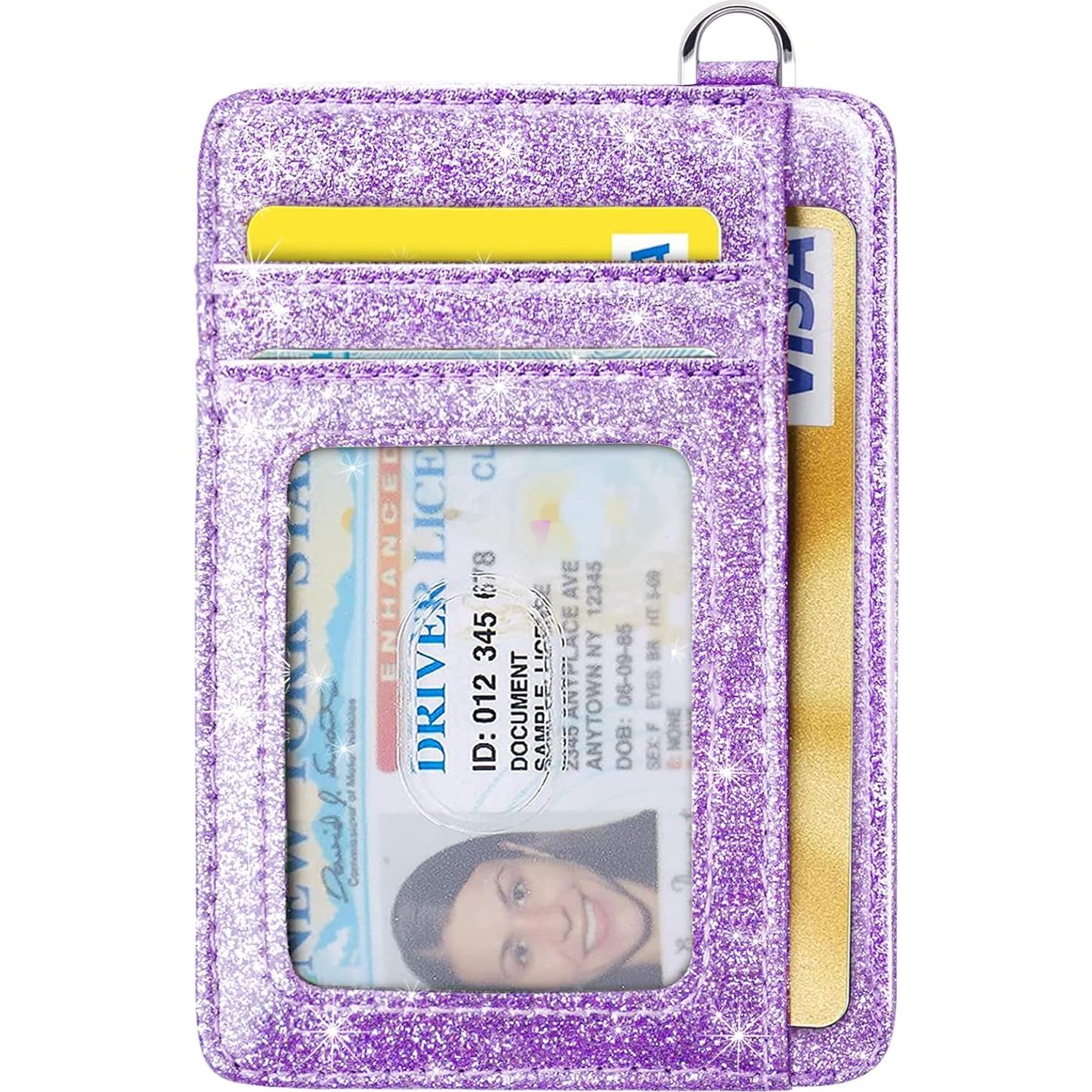 Billetera delgada RFID para mujeres con llavero morado