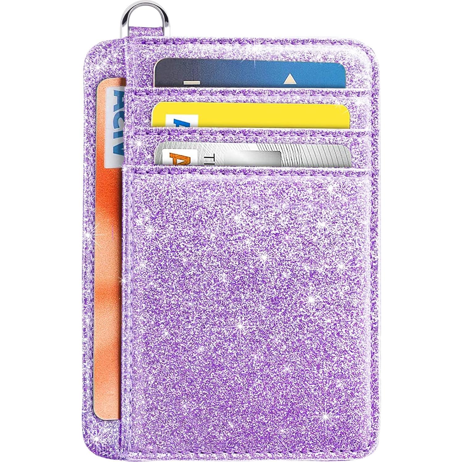 Billetera delgada RFID para mujeres con llavero morado