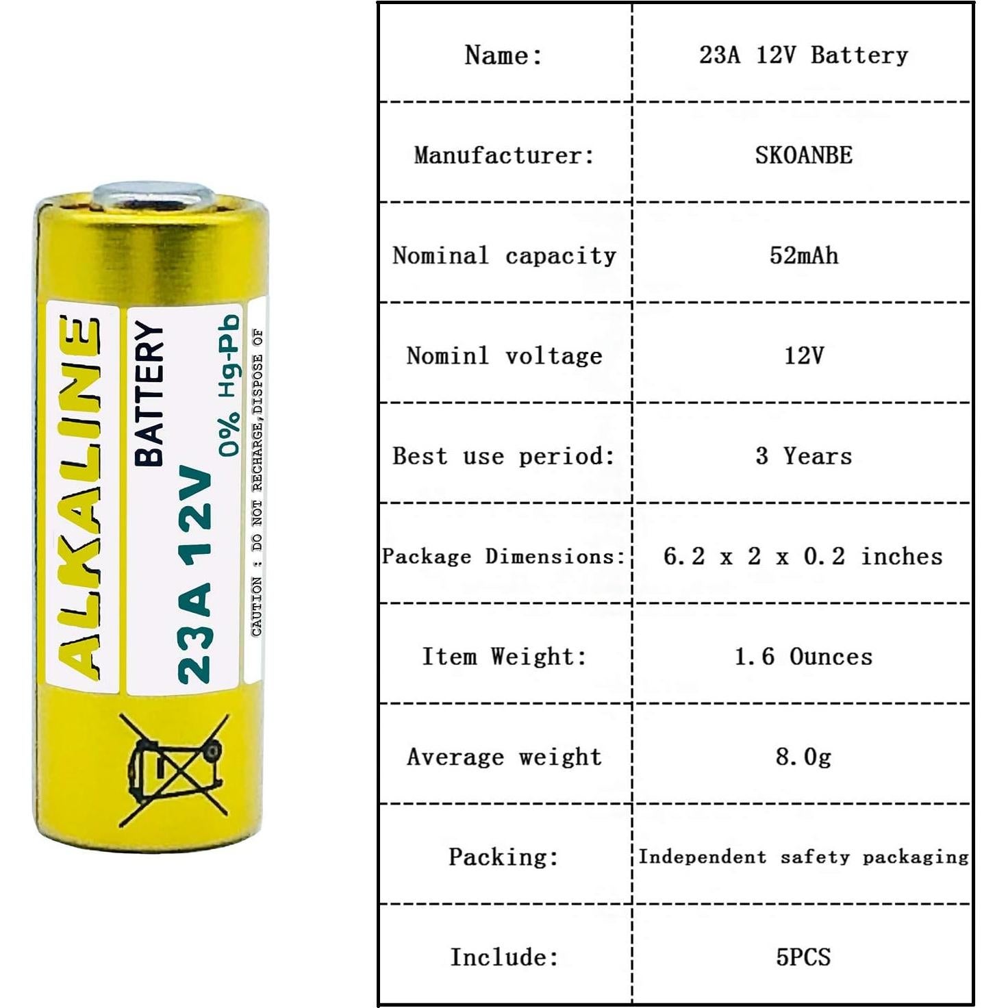 Batería Alcalina 23A 12V SKOANBE 5 Piezas Alta Calidad
