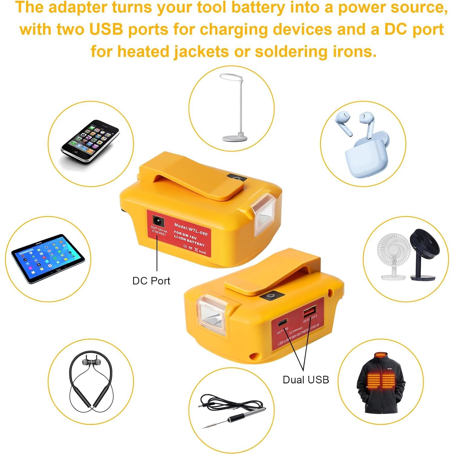 Adaptador de Carga Rápida USB Dewalt 20V y Milwaukee 18V