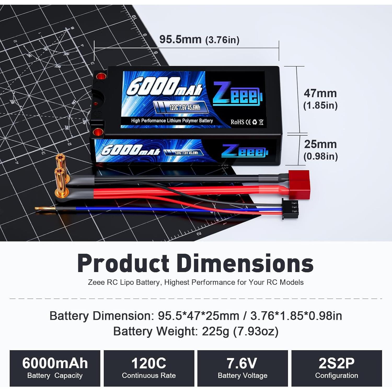 Batería Lipo Zeee 2S Shorty 6000mAh 7.6V 120C - Paquete de 2