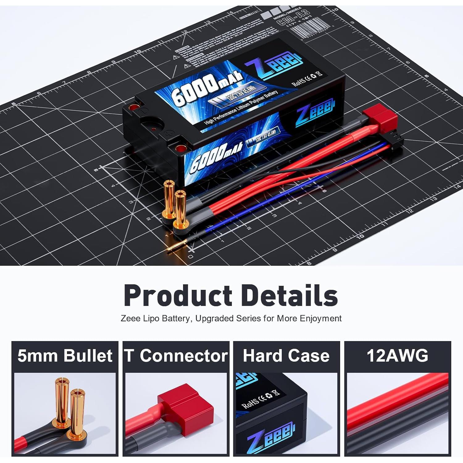 Batería Lipo Zeee 2S Shorty 6000mAh 7.6V 120C - Paquete de 2