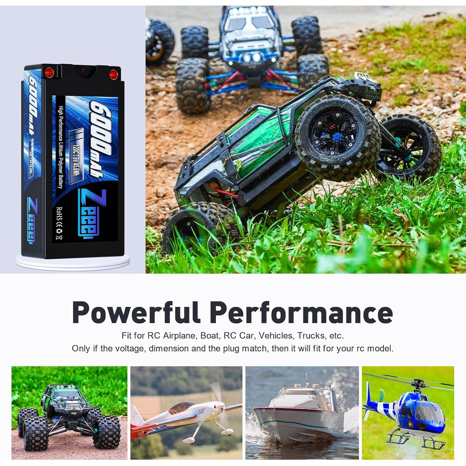 Batería Lipo Zeee 2S Shorty 6000mAh 7.6V 120C - Paquete de 2