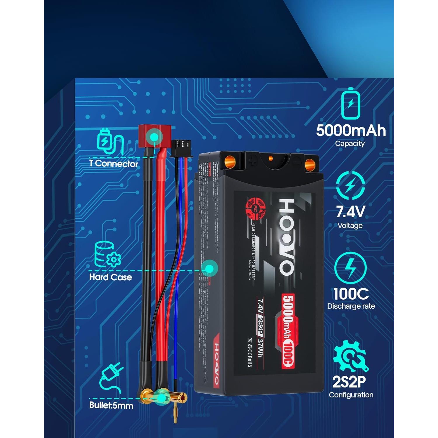 Batería Lipo Shorty HOOVO 2S 7.4V 5000mAh 100C con Conector T