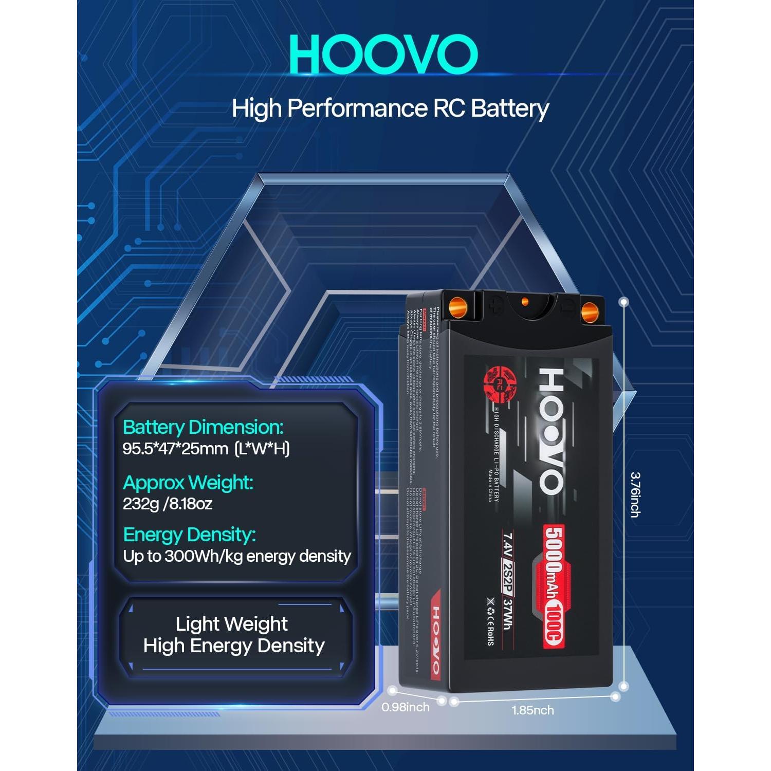 Batería Lipo Shorty HOOVO 2S 7.4V 5000mAh 100C con Conector T
