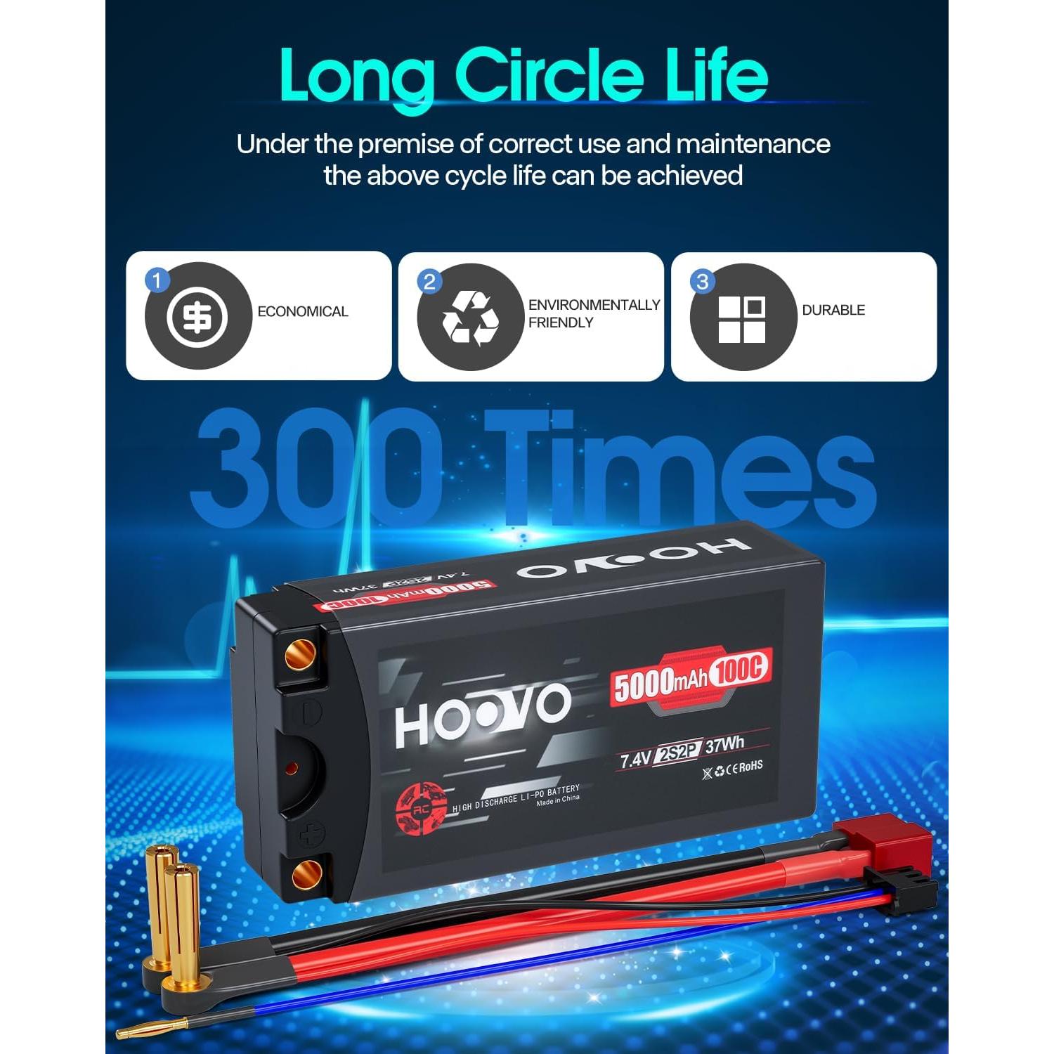 Batería Lipo Shorty HOOVO 2S 7.4V 5000mAh 100C con Conector T