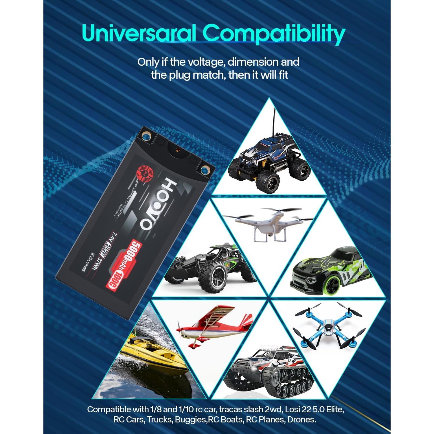 Batería Lipo Shorty HOOVO 2S 7.4V 5000mAh 100C con Conector T