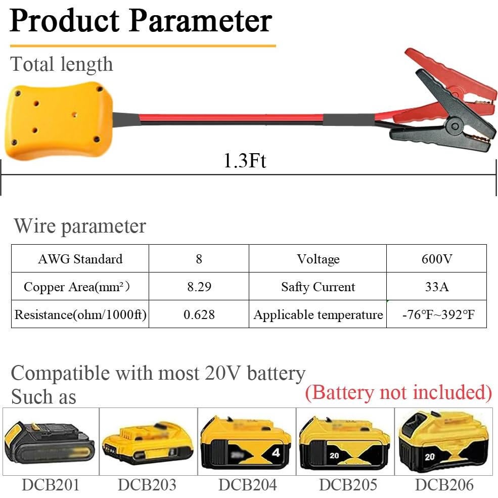 Cables de Arranque 8AWG GragicSZ para Batería Dewalt 20V 0.4m