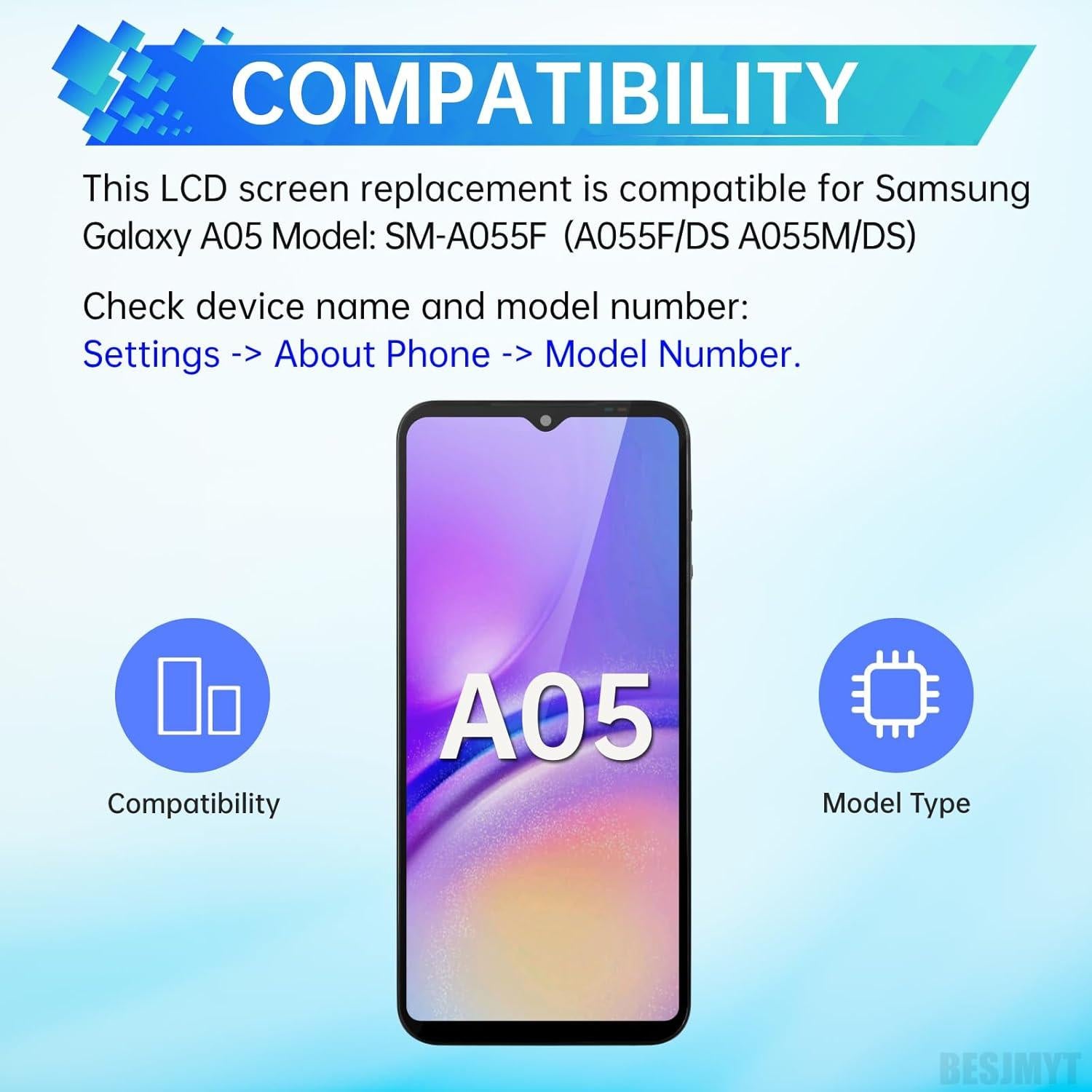 Pantalla LCD táctil Samsung Galaxy A05 con marco y herramientas